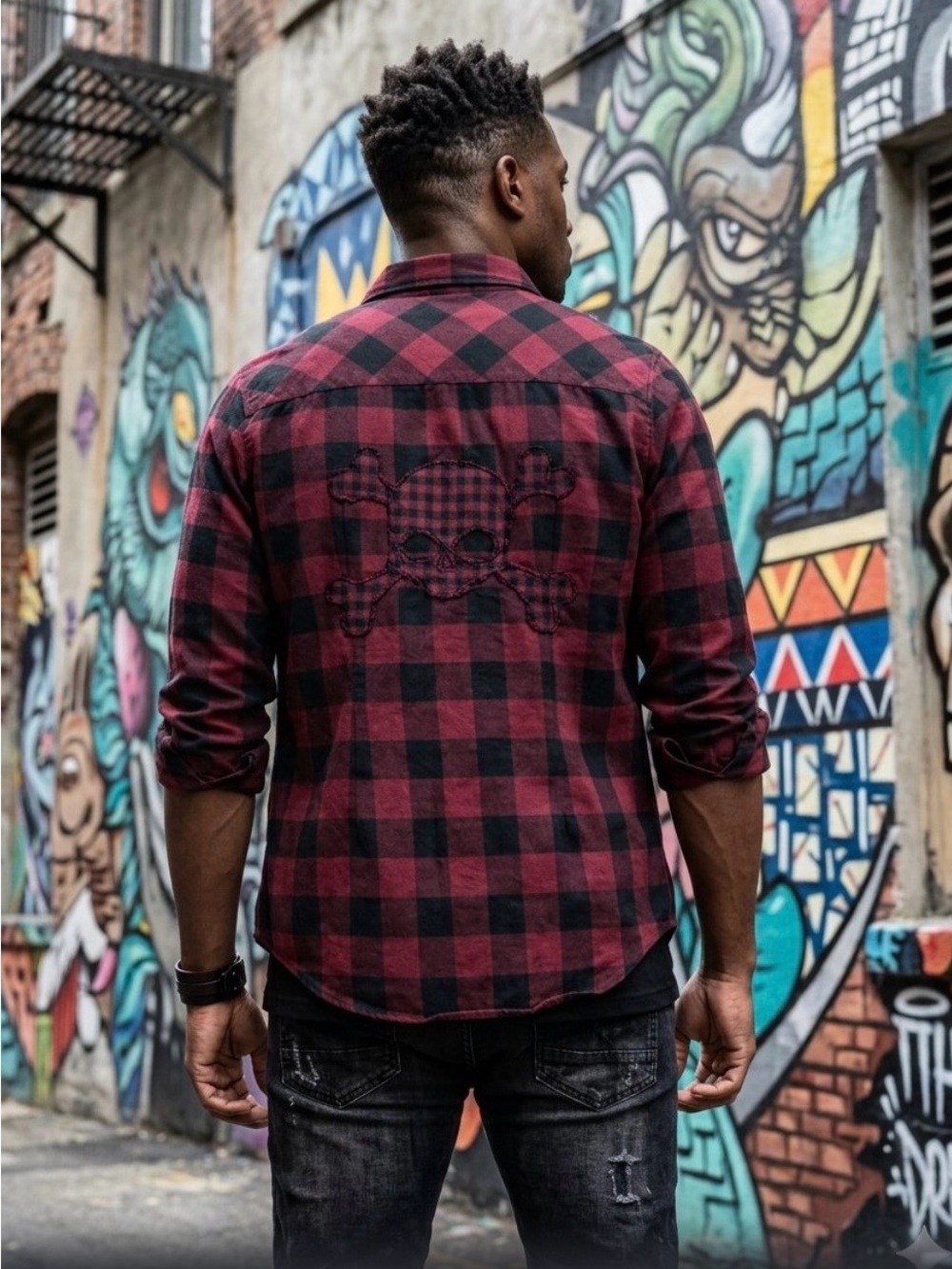 Hot Topic Men's Black & Red Plaid Button-Down Shirt with Skull Embroidery